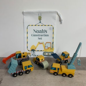 Wooden Push Along Construction Vehicles with Personalised Printed Storage Bag - Trucks- Gifts for Toddlers - Wooden toys - Christening Gift