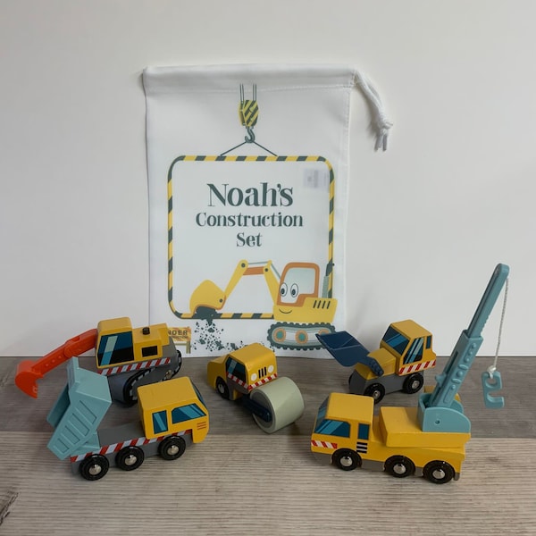 Wooden Push Along Construction Vehicles with Personalised Printed Storage Bag - Trucks- Gifts for Toddlers - Wooden toys - Christening Gift