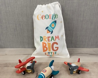 Wooden Aeroplanes and Rocket Toys with Personalised Printed Storage Bag - Gifts for Toddlers - Toy Plane - Christening Gift