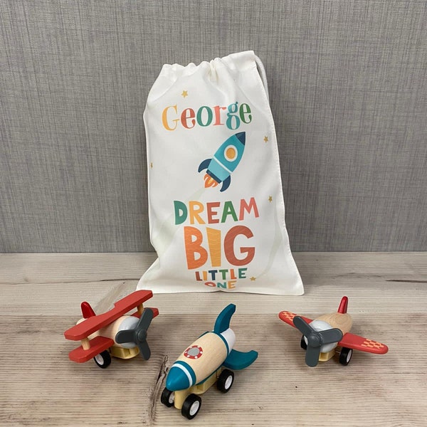 Wooden Aeroplanes and Rocket Toys with Personalised Printed Storage Bag - Gifts for Toddlers - Toy Plane - Christening Gift
