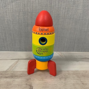 Personalised Wooden Rocket Stacking Toy - Engraved Rainbow Toy - Spaceship - Fly Me To The Moon And Back - CE Tested Gift - Toddler Toy