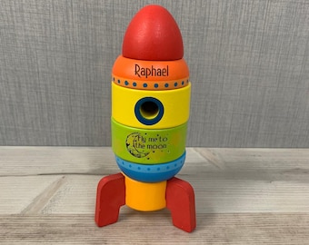 Personalised Wooden Rocket Stacking Toy - Engraved Rainbow Toy - Spaceship - Fly Me To The Moon And Back - CE Tested Gift - Toddler Toy