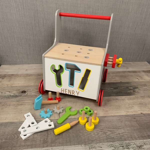 Personalised Wooden Walker with Tool Shapes - Learn to Walk - Wooden Blocks - Unisex Toddler Gift - Children’s Birthday