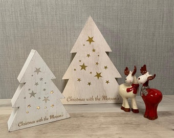 Set of two personalised Wooden Light-up by Christmas Tree - Christmas Decorations - Personalised Gifts