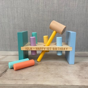 Personalised wooden engraved hammer and pegs workbench - pastel toy - unisex toy - children’s gift - engraved wooden toy