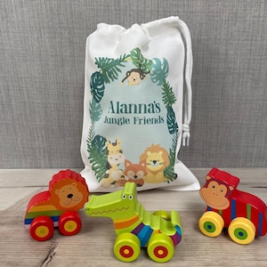 Wooden push along Jungle Animal Toys with Personalised Printed Storage Bag - Gifts for Toddlers - Wooden toys - Christening Gift