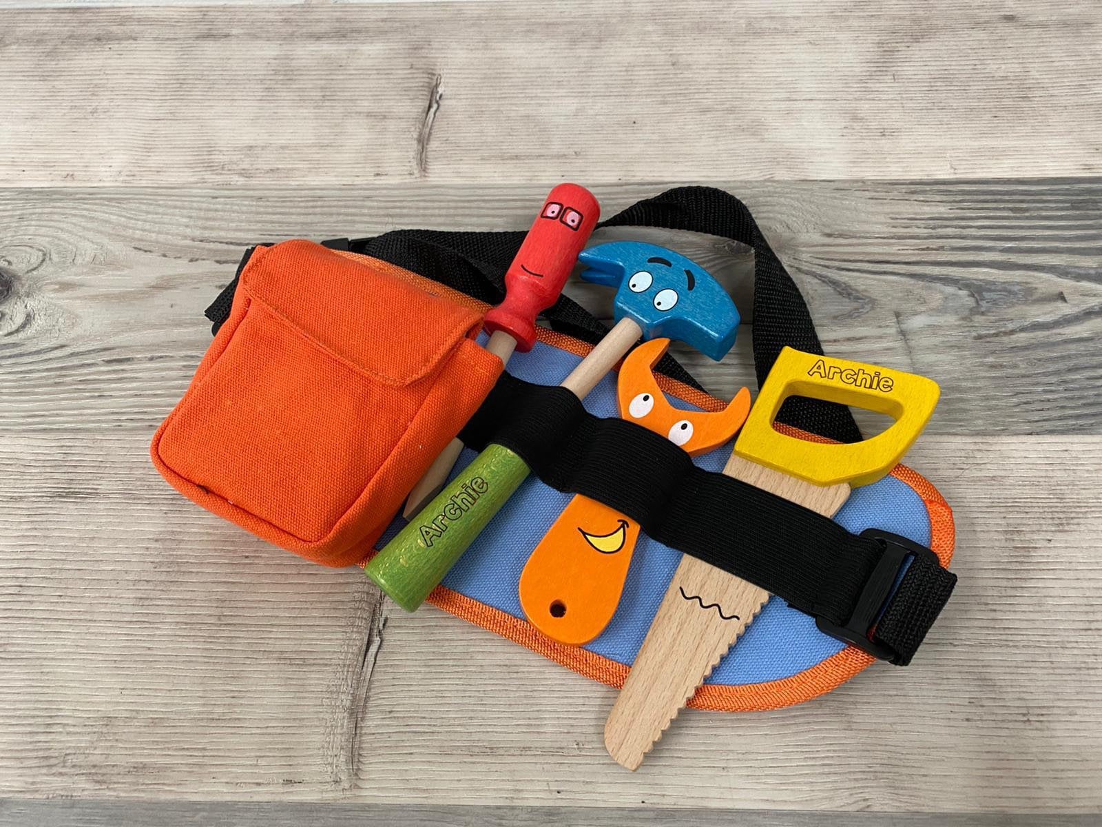 Personalised wooden multicoloured tool belt - builders’ belt - wooden toy - pretend tools