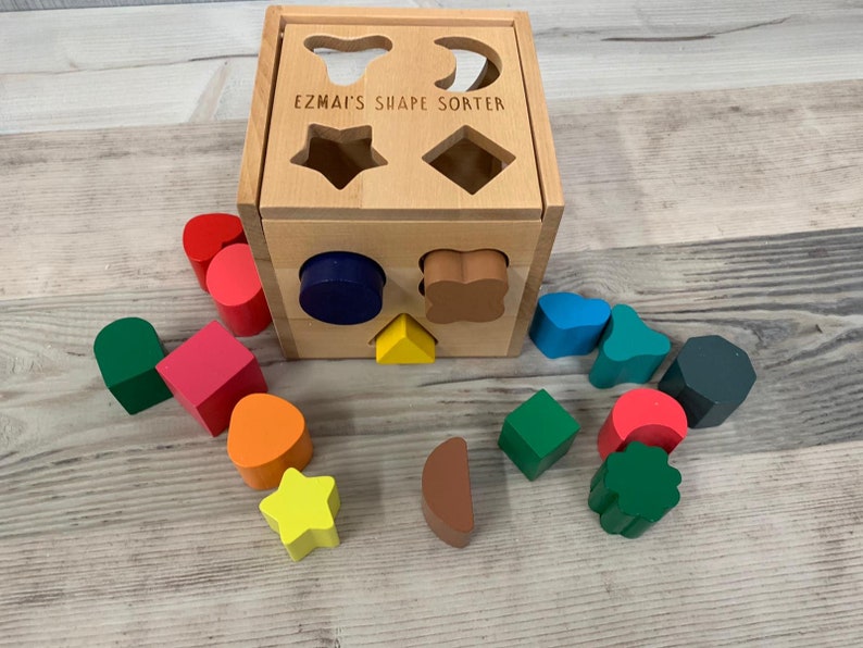 Personalised wooden shape sorter cube wooden toy learning Etsy