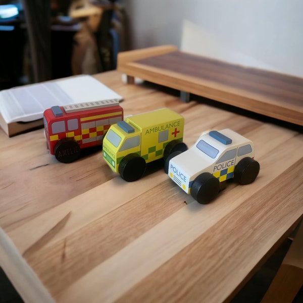 Emergency Vehicles Personalised Wooden Toys - Fire Engine - Ambulance - Police Car - Push Along Wooden Toy