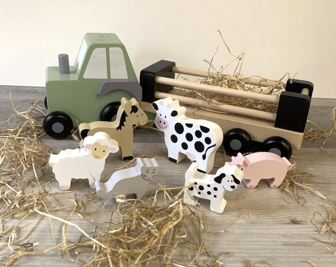 Personalised Wooden Farm Tractor with Animals, Push Along Tractor Toy