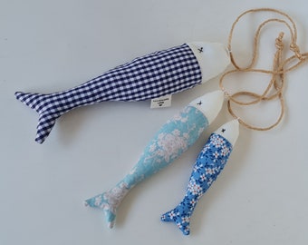 Maritime decoration made of 3 fish made of fabric, pendant made of fabric, country house, fabric fish, fabric decoration, summer decoration