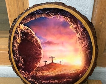 Crosses through a cave, On a hill far away stood an old rugged cross, Beautiful earth colors, pine wood, Wood decoupage, Gift