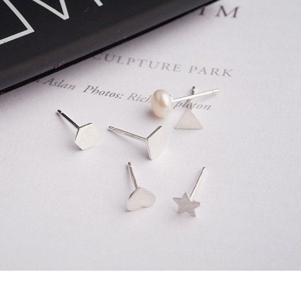 Sterling Silver Tiny Ear Studs Geometric Shaped Ear Studs Heart Star Triangle Square Hexagon Pearl Stud Earrings Set