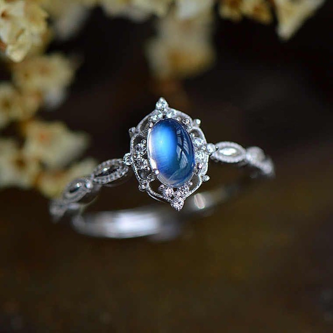 Moonstone Sterling Silver Ring Gemstone Ring Round Ring Blue Sheen ...