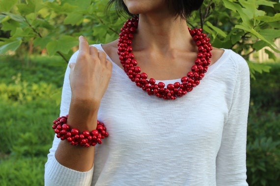 Set of Necklace and Bracelet.red Wooden Beads.ukrainian National  Beads.women Jewelry.eco-beads.handmade Beads.women's Necklace.red Necklace  