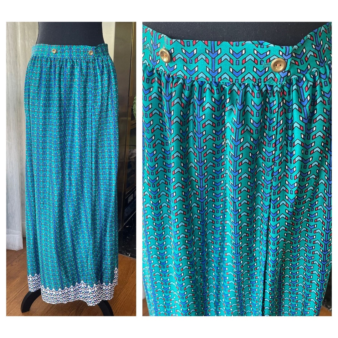 Vintage Maxi Skirt 80s Oleg Cassini Wrap Skirt Teal and Blue Etsy
