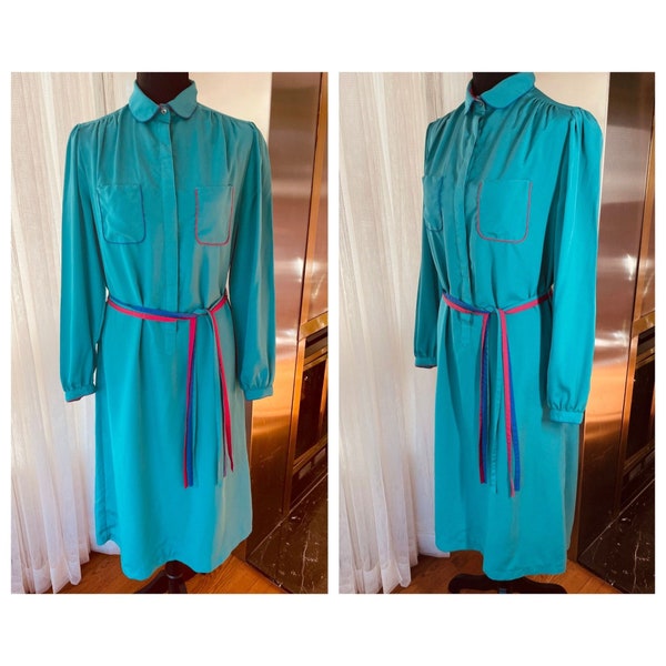 Vintage 80s dress, iconic 80s colors teal, hot pink and purple, long sleeves shirt dress, 80s fashion