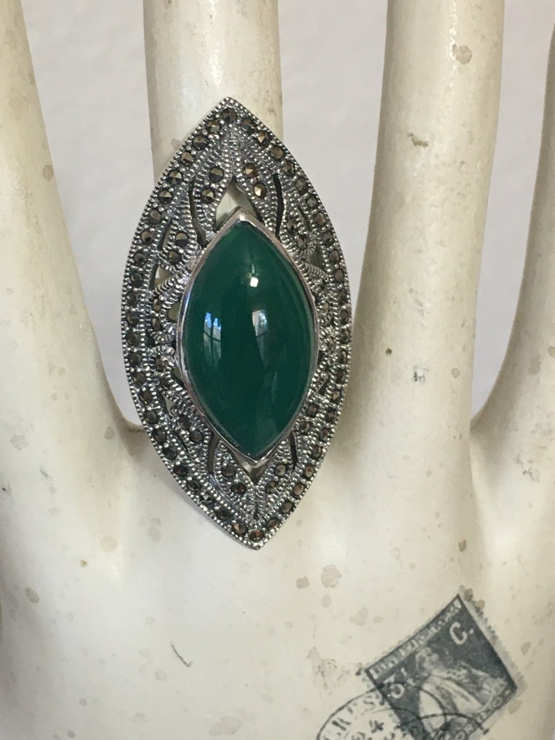 Green Agate and Marcasite ring