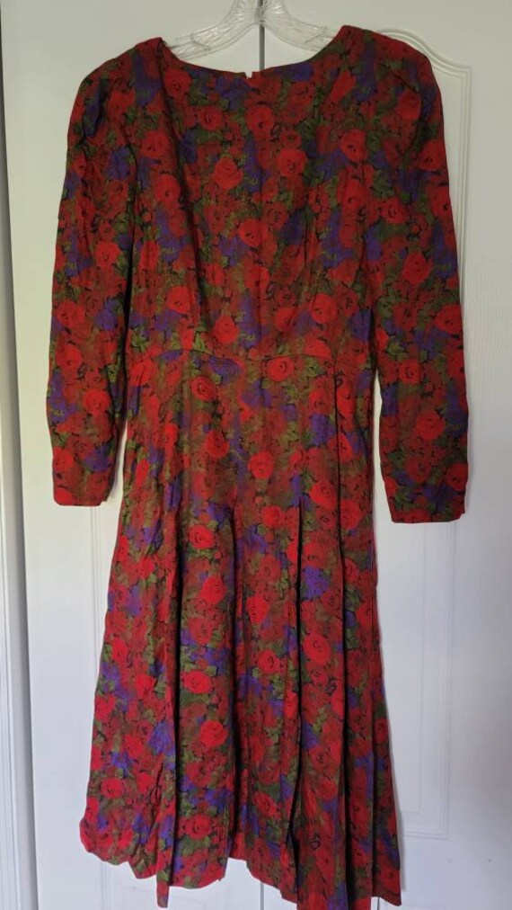 1980s red floral long dress