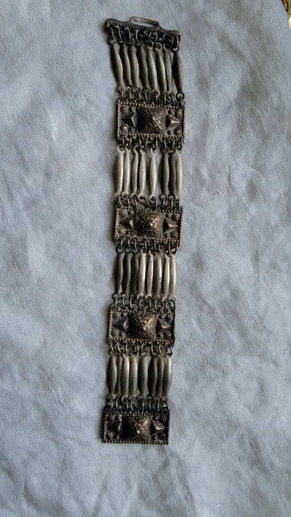 1940s Mexico silver Mayan pyramid link panel brace