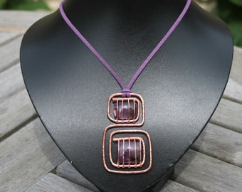 Amethyst and hammered copper, wire wrapped, modern pendant, on Faux suede cord