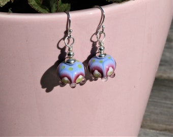 Dainty Multicoloured Lampwork bead and Silver Drop Earrings.