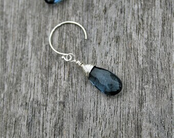 Sterling Silver drop earrings with wire wrapped London Blue briollettes