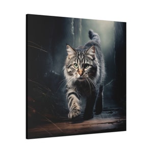 Beautiful prowling long haired silver tabby cat green eyes emerging from dark forest lifelike digital wall art printed stretched canvas