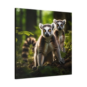 Ringtail Lemurs with piercing yellow eyes staring down their natural jungle path digitally created wall art printed stretched canvas
