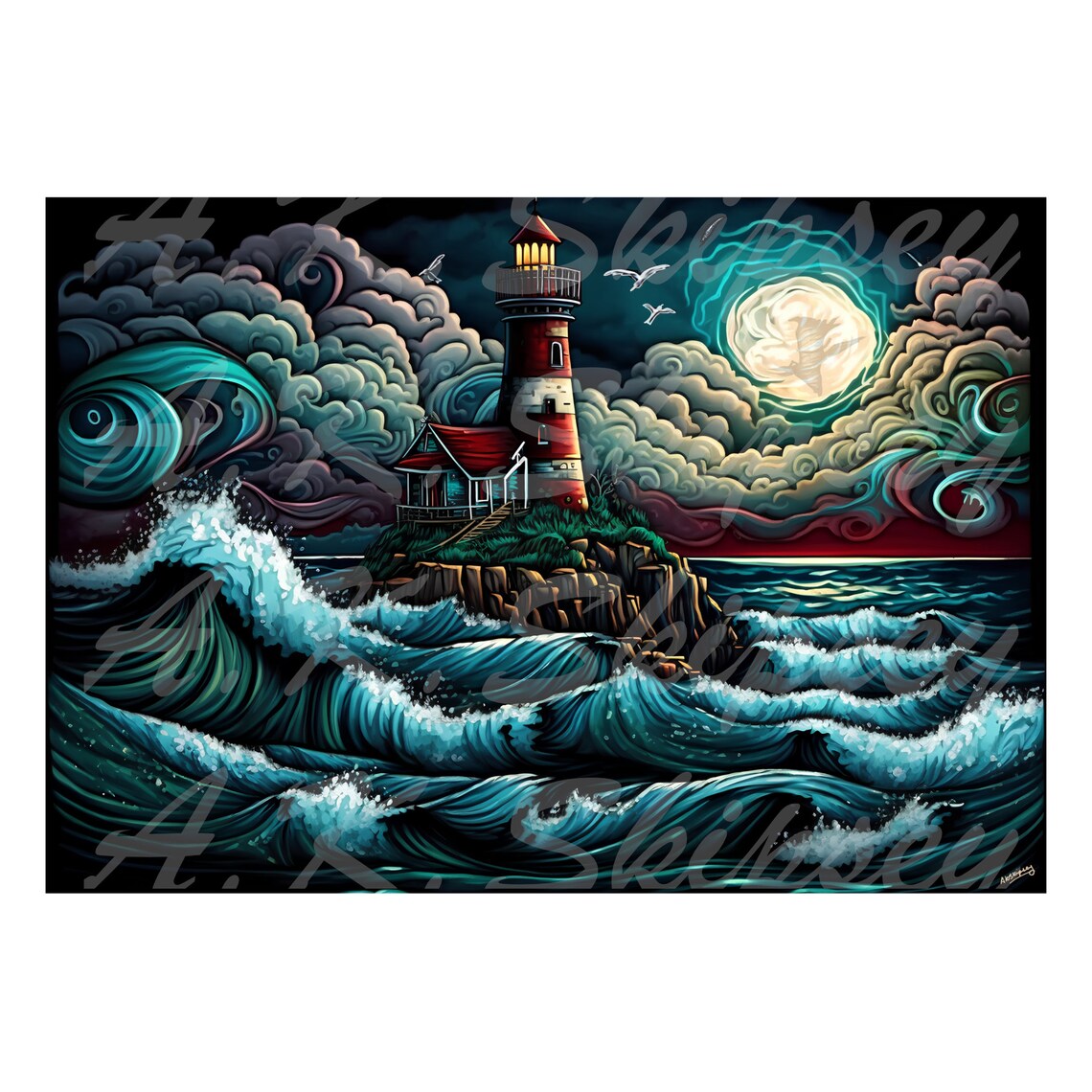 Seascape Light House Painting Light House Wall Art Stormy Etsy