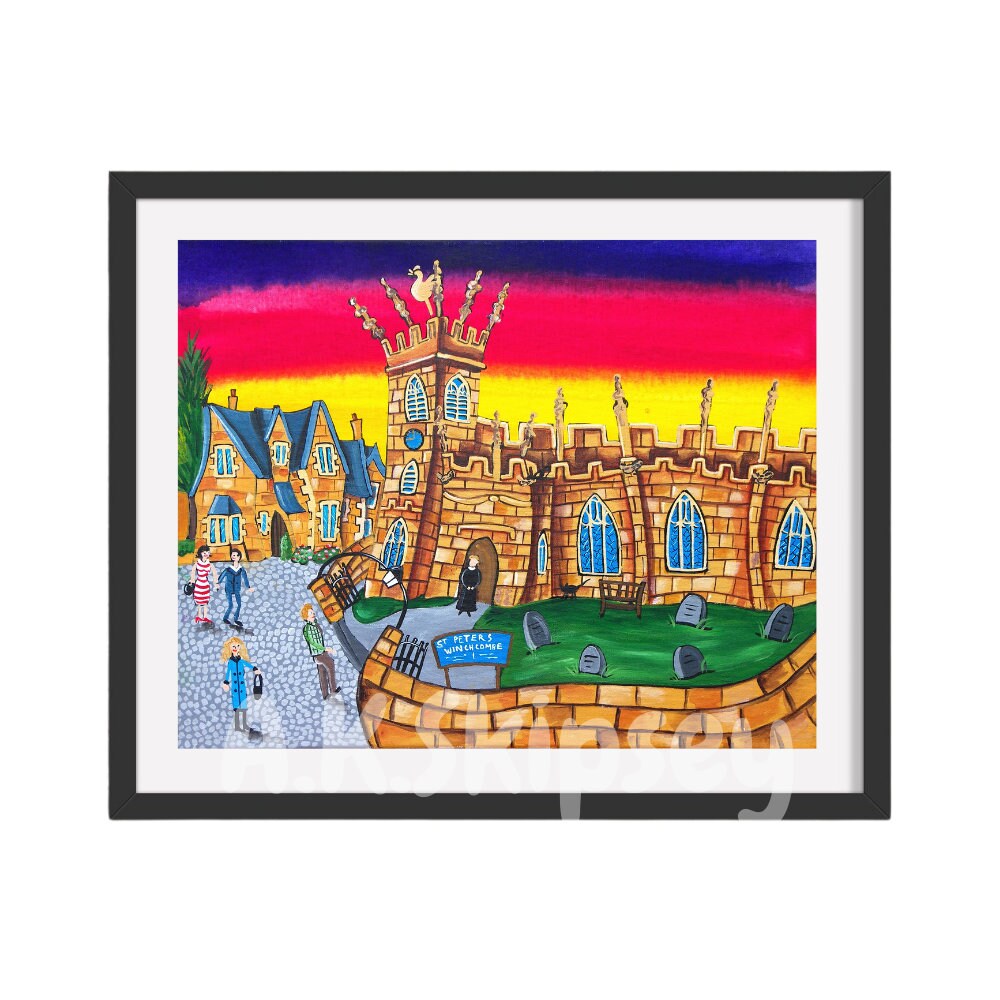 Cotswolds art print, painting, sunset canvas, church