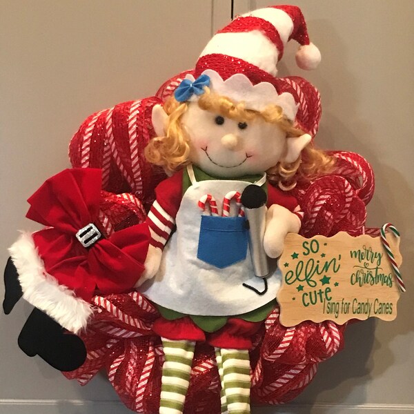 Candy Cane Wreath With Elf Etsy