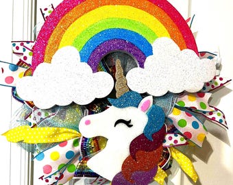Girls bedroom decor, Rainbow Unicorn Wreath: Little Girl Room Decor