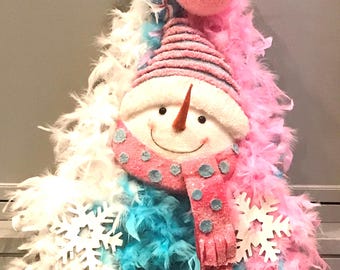 Feather Christmas Tree Wreath: Snowman Decor, Pink & Blue