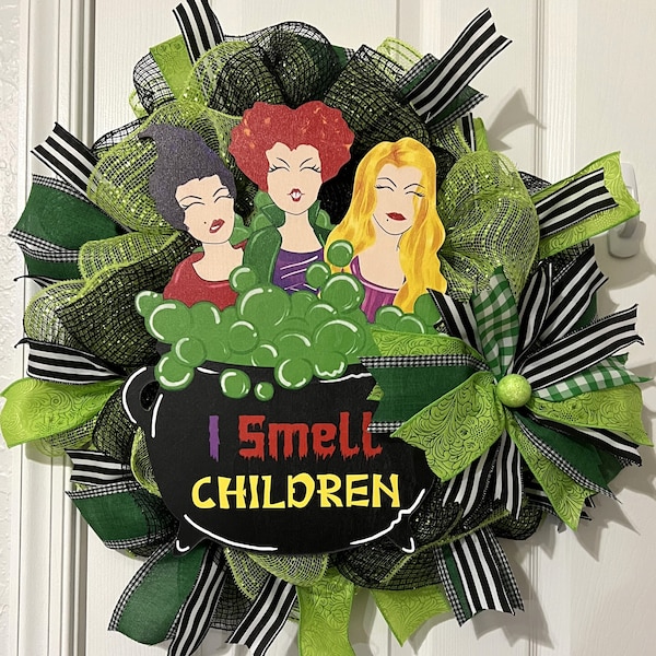 Hocus Pocus Wreath, Witch Cauldron, Colorful ribbon and Deco Mesh, I smell Children Wreath, Halloween Wreath