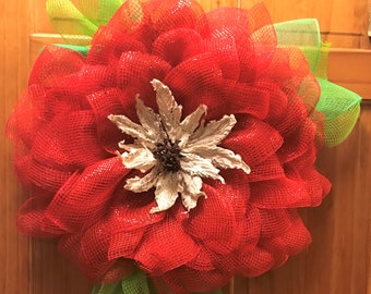 Pointsetta Deco Mesh Christmas wreath, Winter Wreath, Christmas Wreath, Flower Wreath, Christmas Decor,