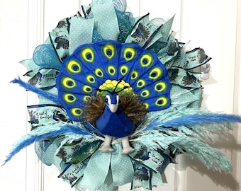 Peacock Deco Mesh Wreath, Front Door Porch Decor