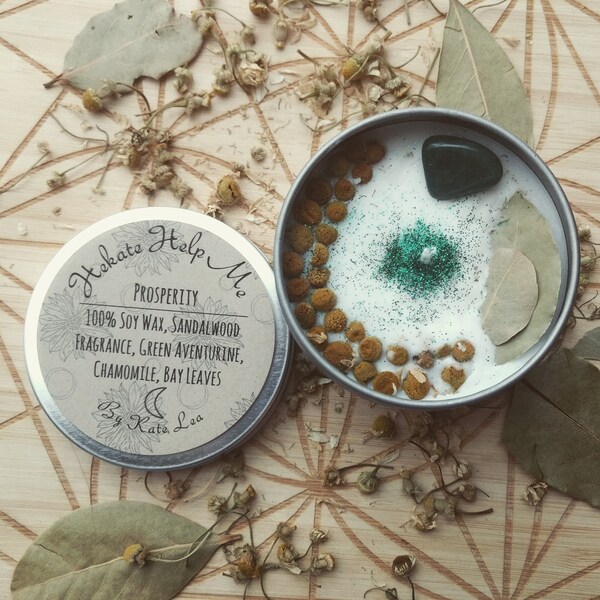 Prosperity Abundance Ritual Candle / Crystal Candle / Green Aventurine / Chamomile Bay Leaves / Sandalwood Candle / House Warming Gift