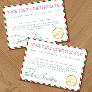 Peut inclure: Deux certificats rectangulaires Nice List avec des bordures à rayures diagonales rouges et vertes. Le texte indique Nice List Certificate, certifiant l'inscription sur la liste officielle par le Père Noël, avec un sceau doré North Pole.