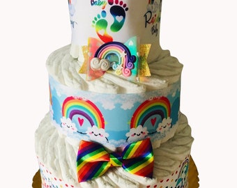 Rainbow Baby Diaper Cake / Baby Shower Gift for Boy, Girl, or Gender Neutral