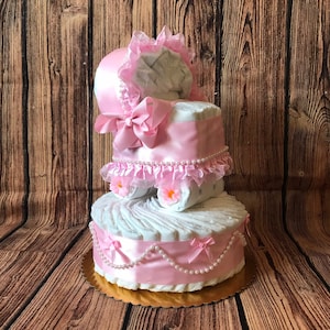 Pink Diaper Cake Baby Shower Gift for Girl / Diaper Cake for New Baby with Mini Diaper Stroller on Top