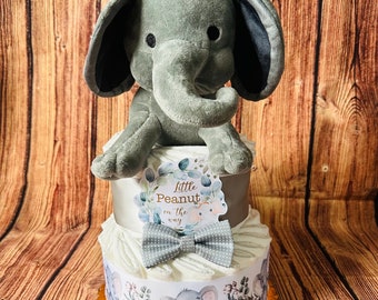 Elephant Diaper Cake Baby Shower Gift / Little Peanut on the Way Diaper Cake with Elephant Plush on top Decorated with Bow Ties or Hair Bows