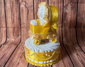 Gender Neutral Diaper Cake Baby Shower Gift / Unisex Yellow Diaper Cake for Boy or Girl with Mini Diaper Stroller on Top Sunflower Carriage