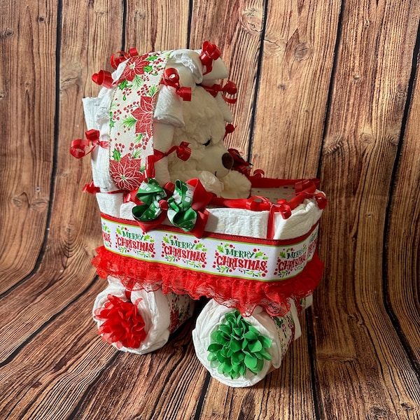 Christmas Diaper Carriage Baby Shower Gift / Christmas Diaper Cake for Boy Girl or Gender Neutral