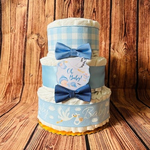 Stork Blue Diaper Cake Baby Shower Gift for Boy with baby bow ties Personalized sign diaper cake