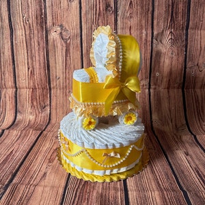 Gender Neutral Diaper Cake Baby Shower Gift / Unisex Yellow Diaper Cake for Boy or Girl with Mini Diaper Stroller on Top Sunflower Carriage