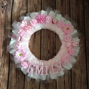 Baby Wreath Baby Shower Gift / Personalized Pink Girl Diaper Wreath with Baby&#39;s Name / Nursery Decor with First Letter