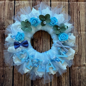 Baby Wreath for Boy Baby Shower Gift / Personalized Name and Colors Diaper Wreath with Baby&#39;s Name / Nursery Decor