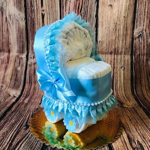 Blue / Pink Diaper Cake Baby Shower Gift / Mini Diaper Stroller for Boy or Girl