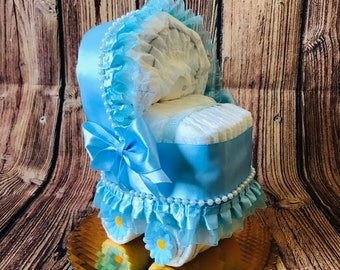 Blue / Pink Diaper Cake Baby Shower Gift / Mini Diaper Stroller for Boy or Girl